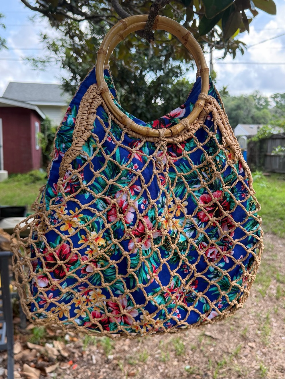 Capelli Floral Crochet Tote with Bamboo Handles